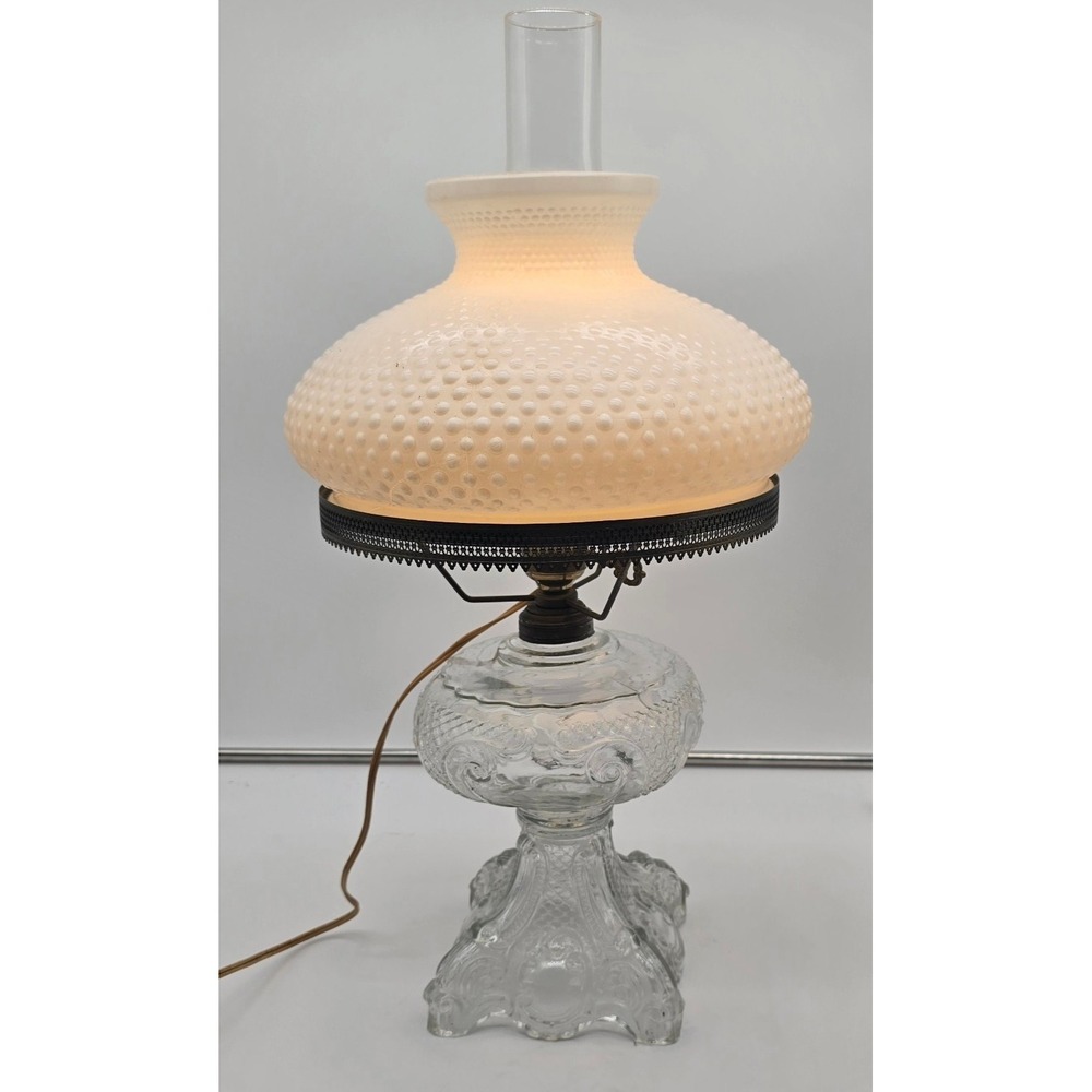 Vintage Hobnail Milk Glass Shade Hurricane Lamp Clear Glass Base Electric